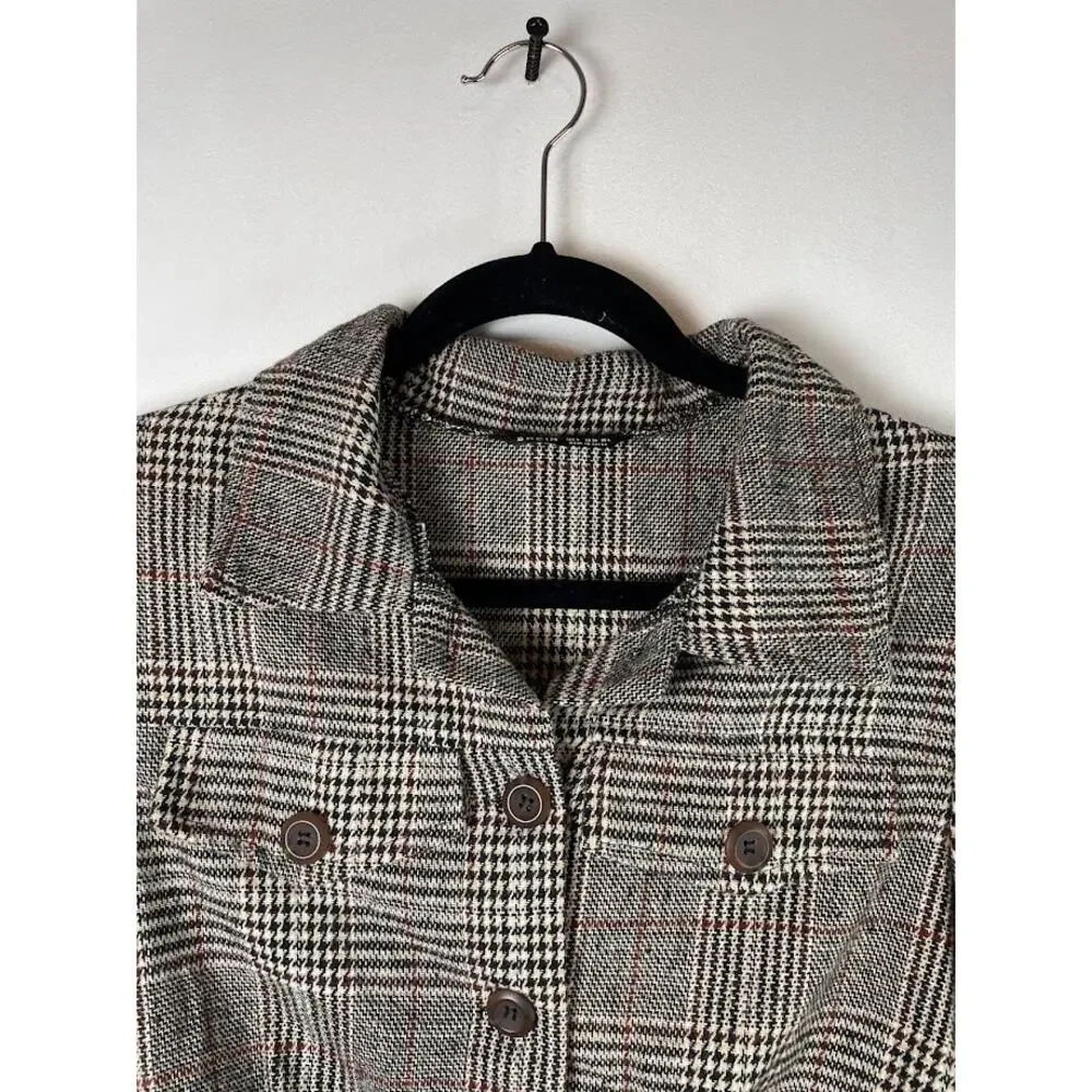 Plaid Jacket Womens Small Cropped Herringbone Shacket Button Light Weight Top